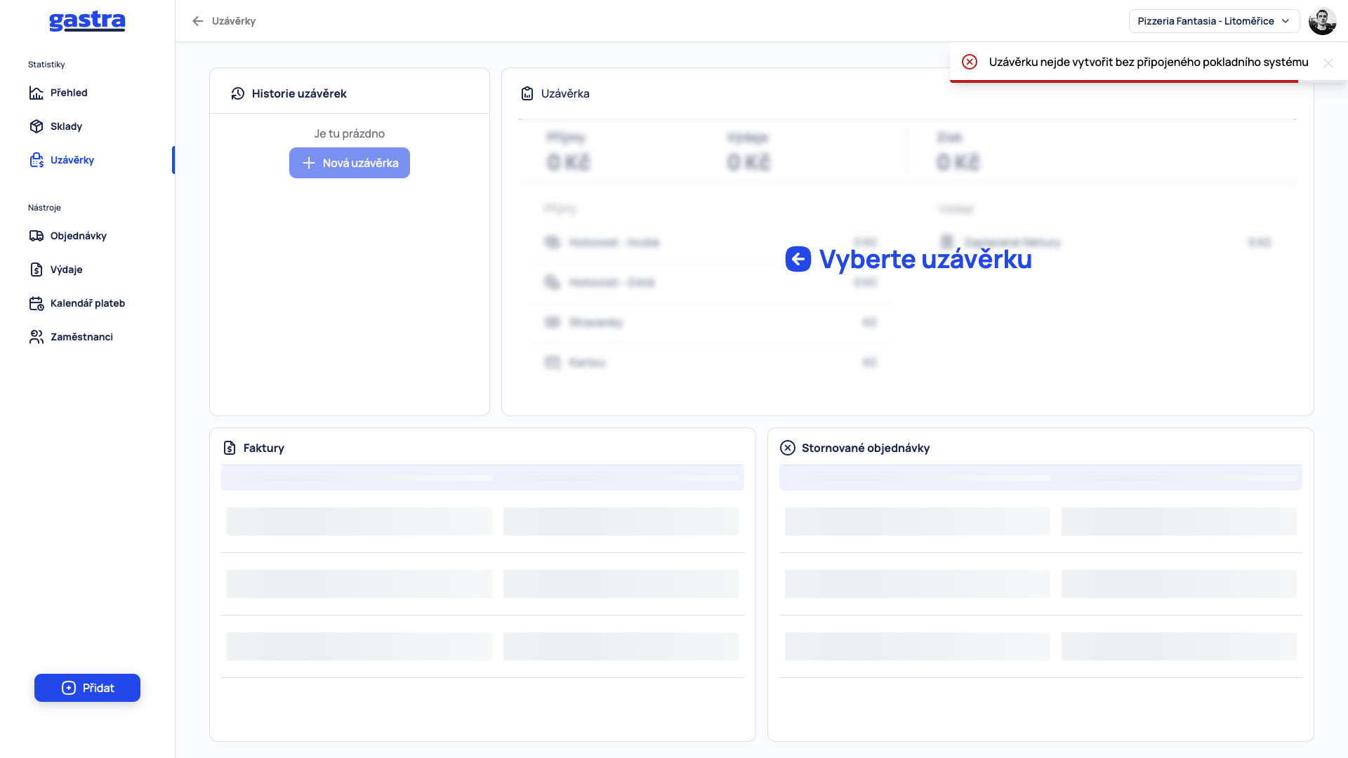 Prázdná sekce Uzávěrky s hláškou, že uzávěrku nejde vytvořit bez připojeného pokladního systému