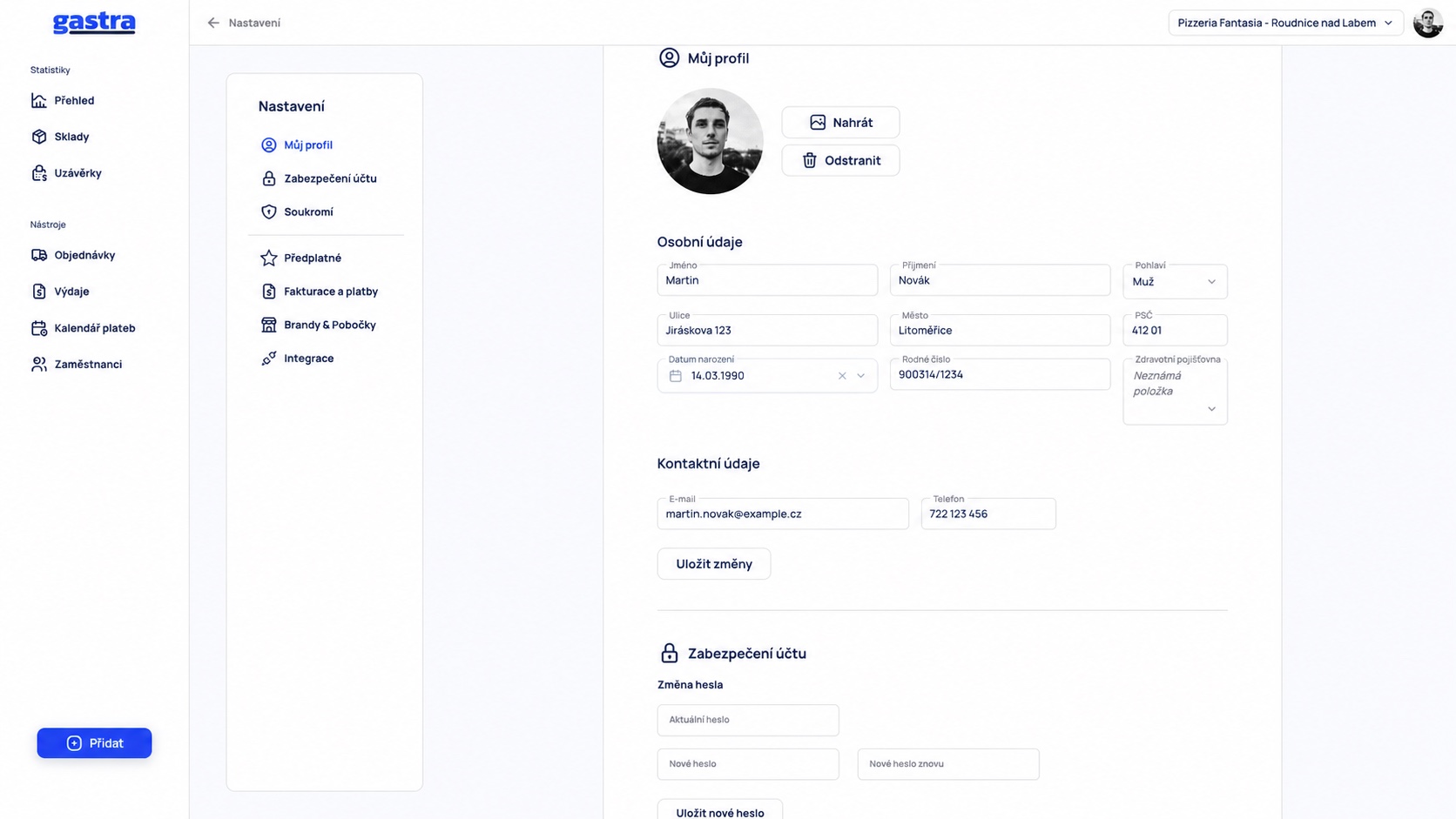 Můj profil s osobními a kontaktními údaji (ukázková data)