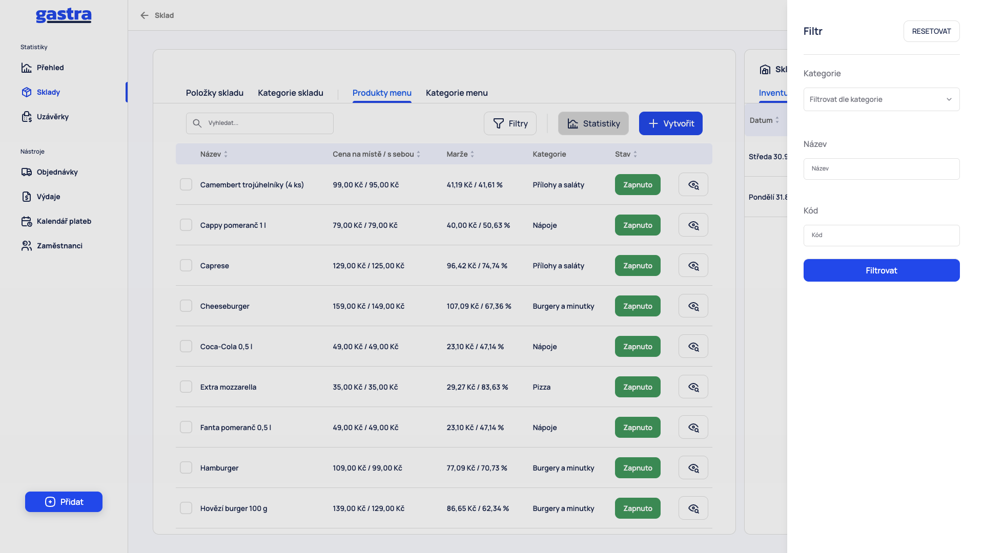 Panel Filtry u produktů menu
